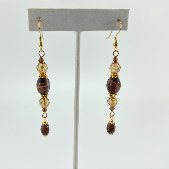 Art Glass Dangle Earrings, Handmade, Vintage Brown Swirl Beads, Crystals, BoHo - Picture 4 of 10